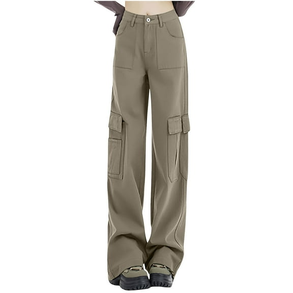 XFLWAM Women High Waist Cargo Pants Solid Color Casual Wide Leg Pants Loose Teen Girls Gym Workout Trousers with Pockets