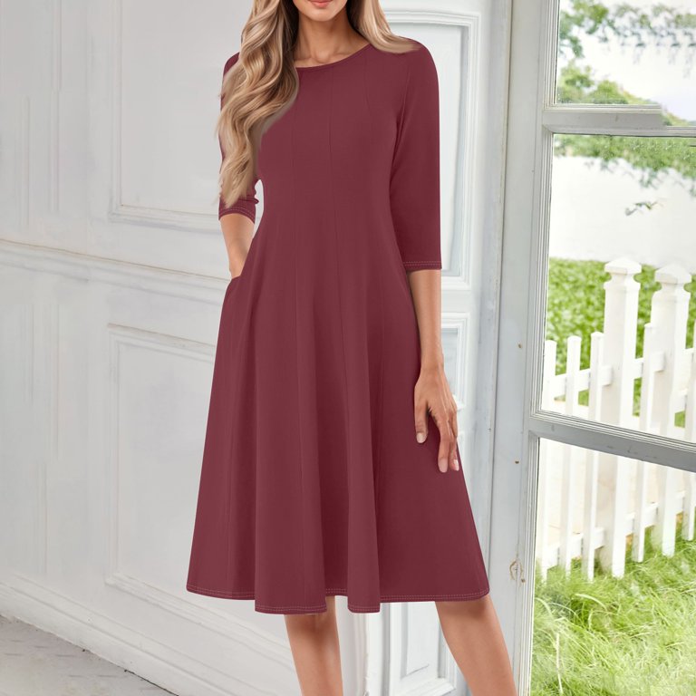 Evdexr 3/4 Sleeve Fit and Flare Dresses for Women Solid Color A Line Flowy  Dress Crew Neck Casual Midi Dress with Pockets Dark Purple L - Walmart.com