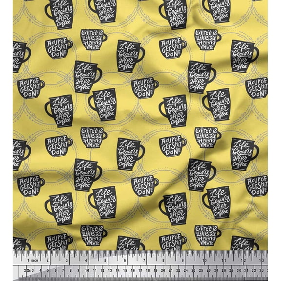 Soimoi Yellow Poly Georgette Fabric Life Begins After Coffee Text Print Fabric by the Yard 42 Inch Wide