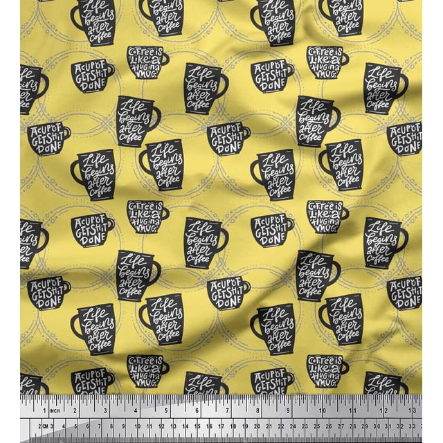 Soimoi Yellow Velvet Fabric Life Begins After Coffee Text Fabric Prints By Yard 58 Inch Wide