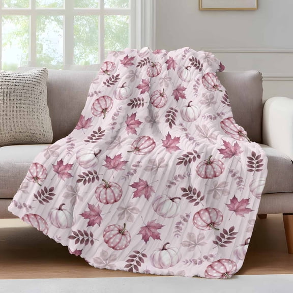 Pink Pumpkins Fall Fleece Throw Blanket for Couch, Autumn Thanksgiving Botanical Pink Microfiber Flannel Blanket for All Season, Lightweight Soft Throw Blankets for Gifts, Home Decor, 32"x47"