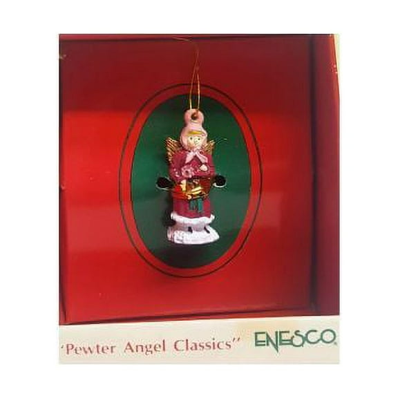 Vintage 1989 Enesco Small Wonders Pewter Angel Classics Miniature Ornament - Pink Head Scarf, Red Dress