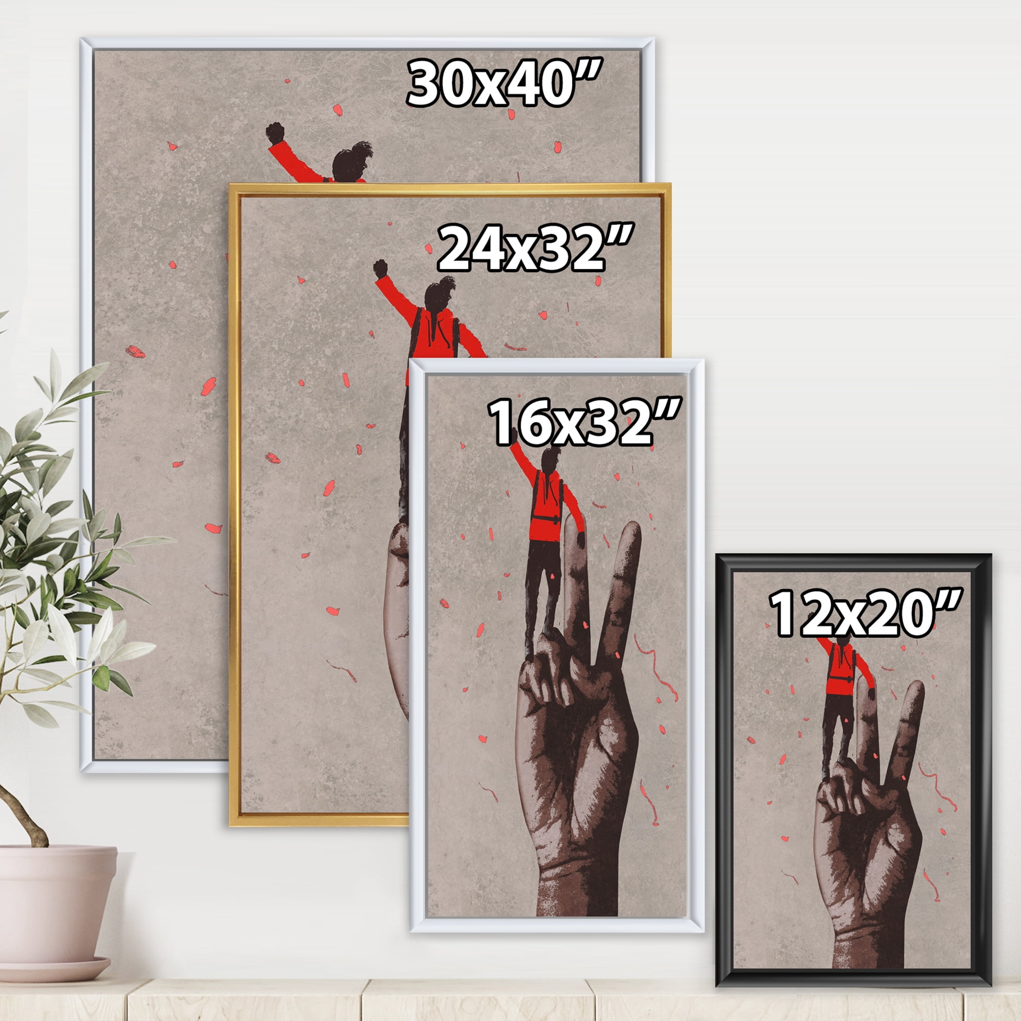 Designart 'Man With Arm Raised On Victory Sign' Modern Framed Canvas Wall Art Print
