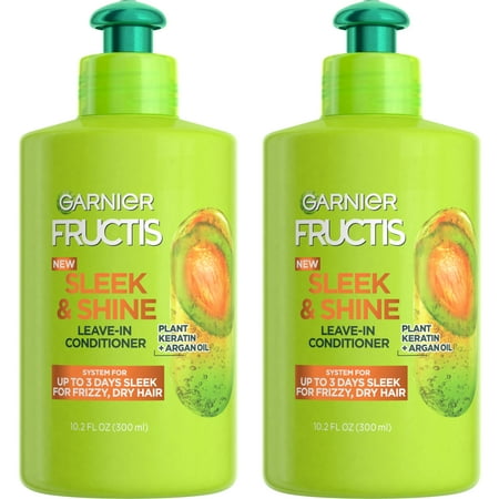 Garnier Fructis Sleek & Shine Leave-In Conditioning Cream For Frizzy Dry Hair Plant Keratin + Argan Oil 10.2 Fl Oz 2 Count - Pack Of 2