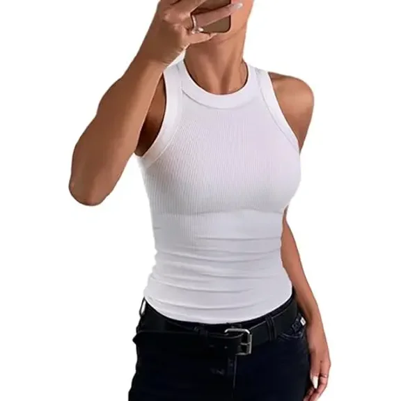 CHICME Tank Tops for Women Solid Color O-Neck Sleeveless Elastic Slim Fit Basic Vest Casual Womens Top(Without Pads) White-L