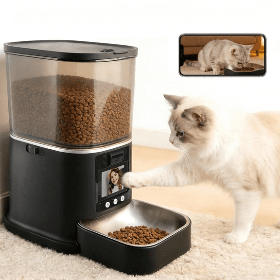 Automatic Cat Feeder with Camera, 5L Large Capacity Two-Way Video Cat Feeder, Smart Timed Cat Food Dispenser with Night Vision for Small Pets Indoor