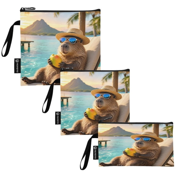 Set of 3 Reusable Storage Bags with Zipper , Food Storage & Bread Organizer for Picnic Office, Relaxing Capybara