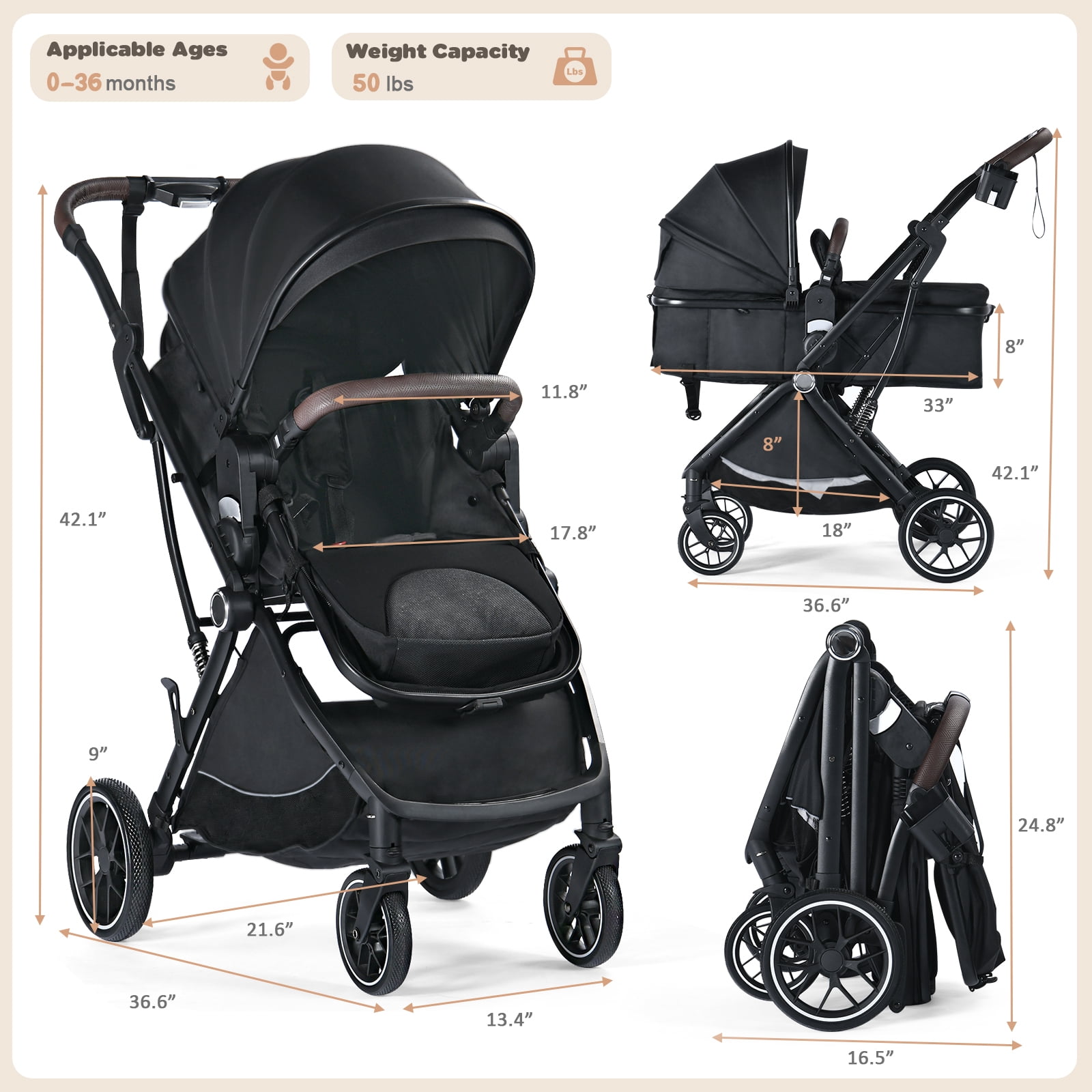 AILEEKISS Baby Stroller, 3 in 1 Stroller for Newborn, Folding Infant Pushchair, 22LB, Black