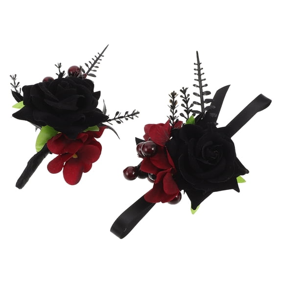 Milisten 1Set Dark Floral Wedding Corsage with Black Rose Boutonniere for Bridal Wristlet and Groom