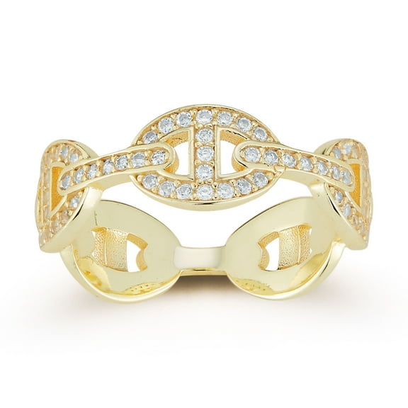 Adesso Milano Jewelry 14K Gold Plated Sterling Silver Mariner Band Link Ring with Cubic Zirconia, Rings for Women