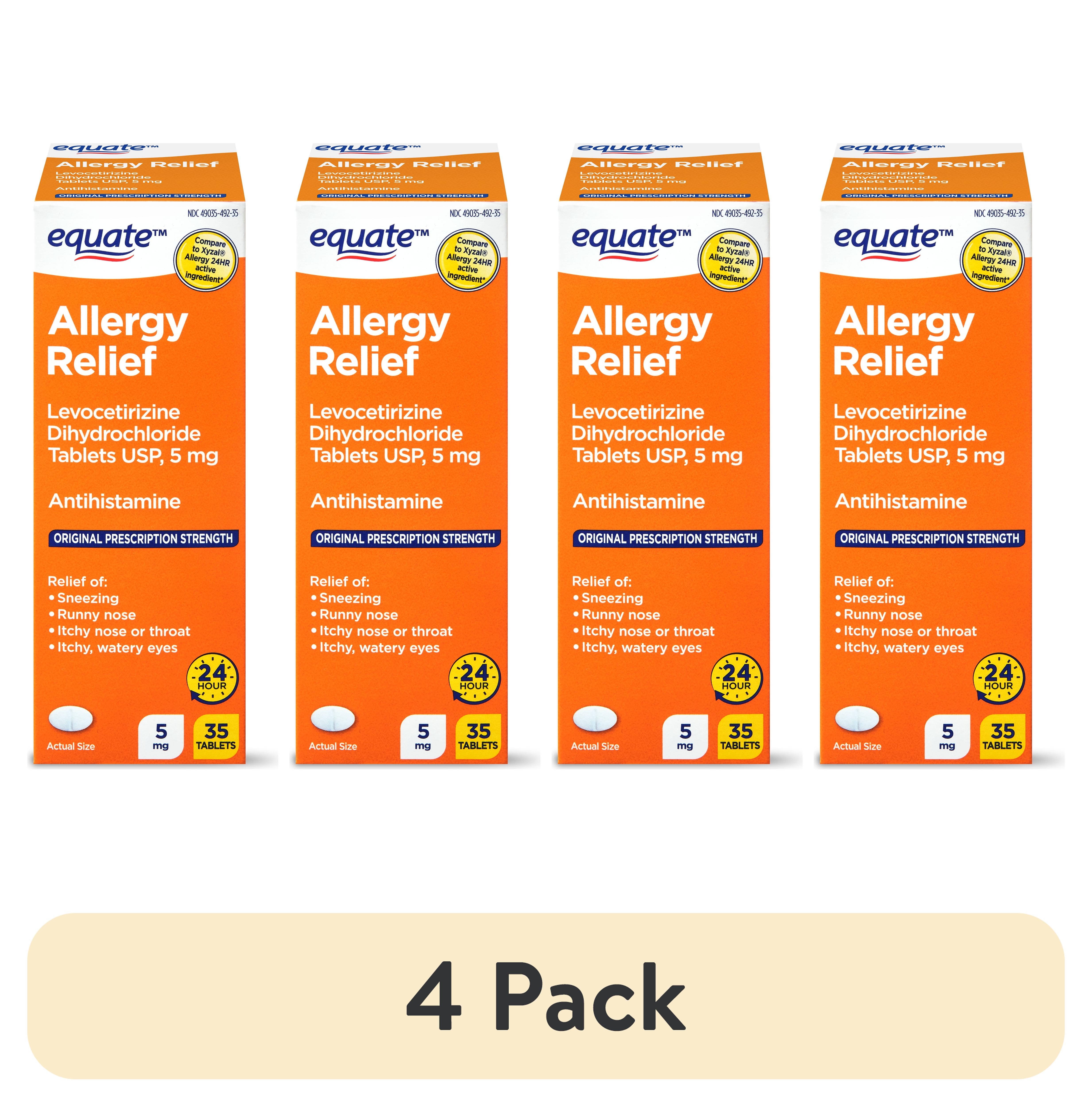 (4 pack) Equate Levocetirizine Dihydrochloride USP Allergy Relief Tablets, 5 mg, 35 Count Compare to Xyzal® Allergy 24HR Active Ingredient