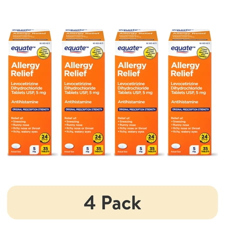 (4 pack) Equate Levocetirizine Dihydrochloride USP Allergy Relief Tablets, 5 mg, 35 Count Compare to Xyzal® Allergy 24HR Active Ingredient