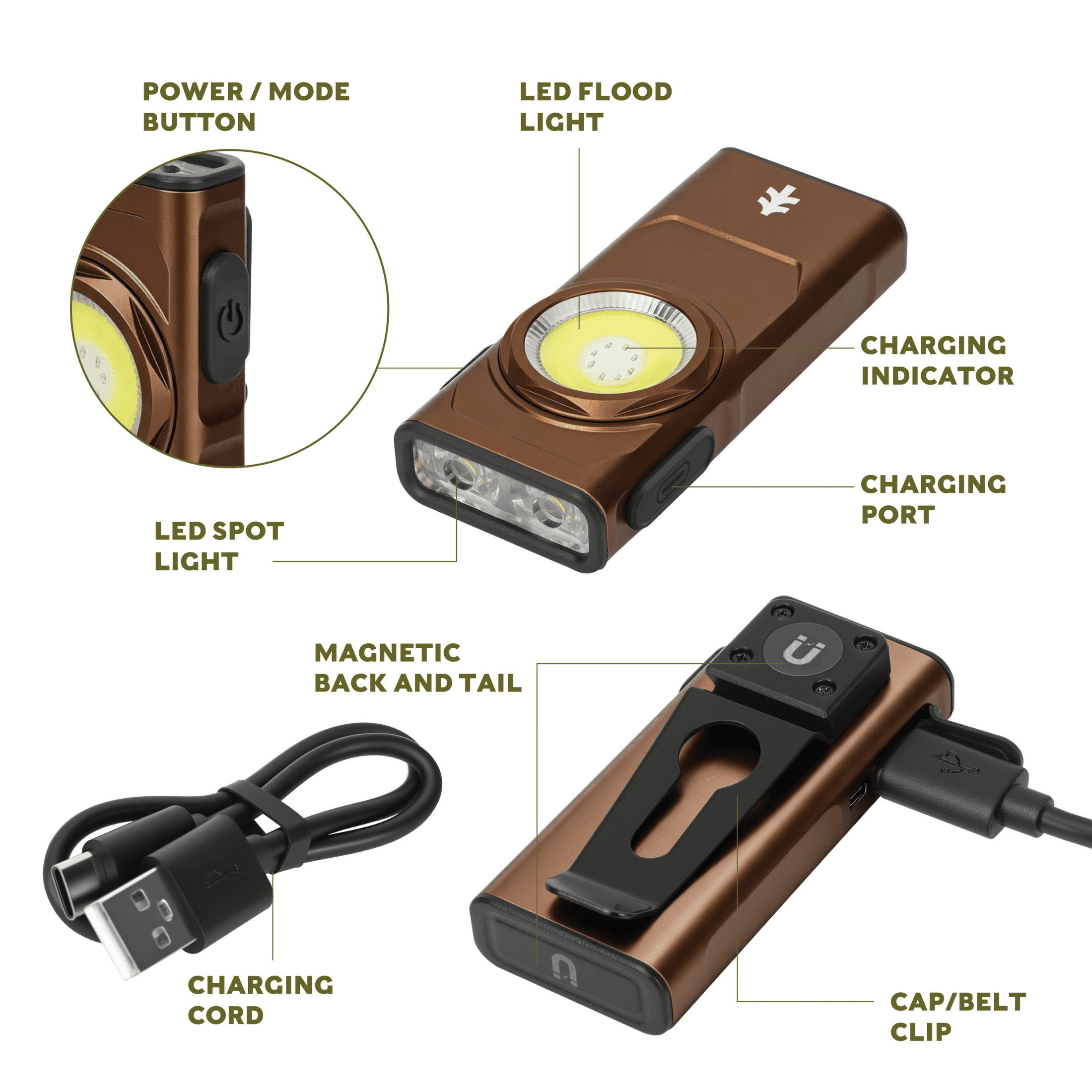 Swiss Tech 500-Lumen Rechargeable EDC Clip Work Light, Light Bronze