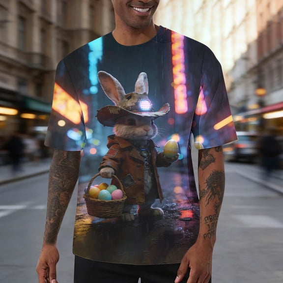 YueHuiYing Men's Easter Graphic T-Shirt Funny Bunny Egg Hunt Print Casual Short Sleeve Crew Neck Stretch Activewear Tee Navy L