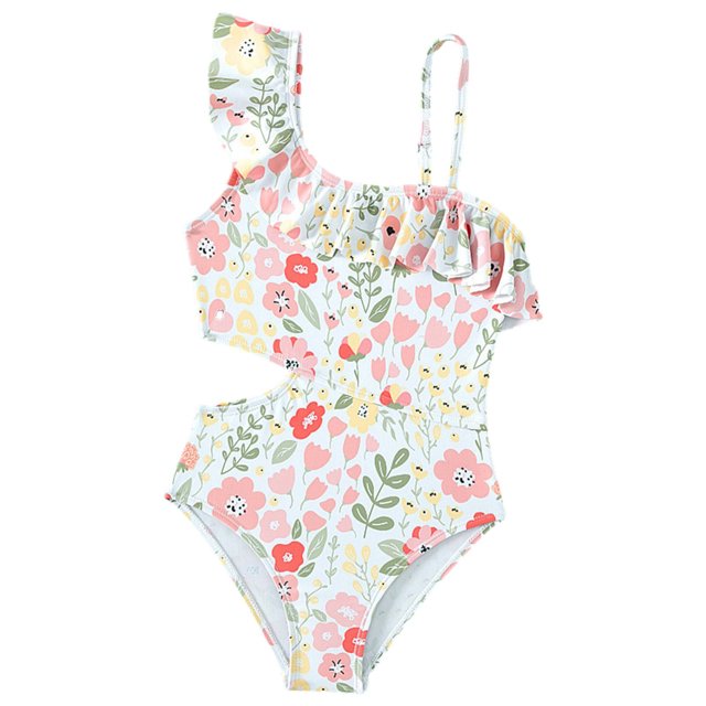 Toddler Girls Leotard Swimsuits One Shoulder Hallow Out Waist Floral Patterns Ruffle Bathing Suit Infant Girl Swimsuit For Indoor Outdoor Summer Swimming