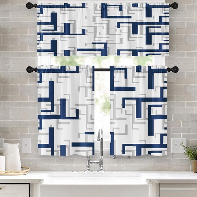 36 Inch Kitchen Curtains Navy Blue and Grey Geometric Abstract Art Window Curtains and Valances Set of 3, White Modern Art Background Short Tier Curtain for Kitchen