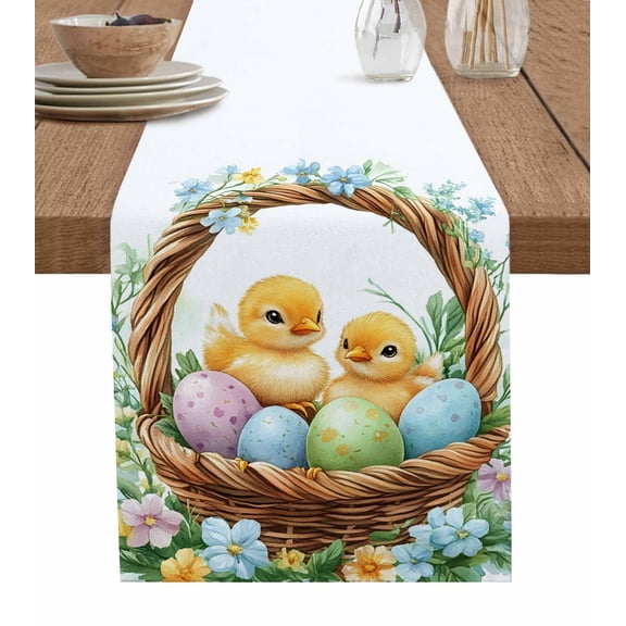 Ldtrchee Spring Easter Table Runner 60 Inches, Chicken Egg Cartoon Style Botanical Flower Bed Runner Dresser Scarves Tabletop for Indoor Outdoor Parties/Ceremony/Banquet, 13" x 60"