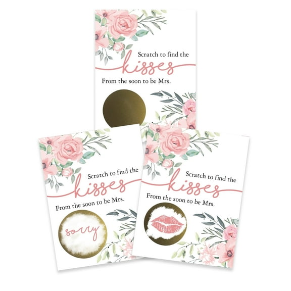 My Scratch Offs Scratch to Find the Kisses from the Soon to be Mrs Bridal Shower Floral Scratch-off Game Card, Pink, 26 Pack