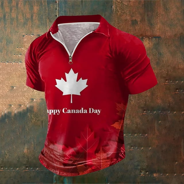 MEN'S SHIRT SHORT SLEEVE KNIT TOP WITH ZIPPER AND CANADIAN PATRIOTIC PRINT FOR OUTDOOR DAILY WEAR COMFORTABLE BREATHABLE IDEAL FOR SPRING SUMMER