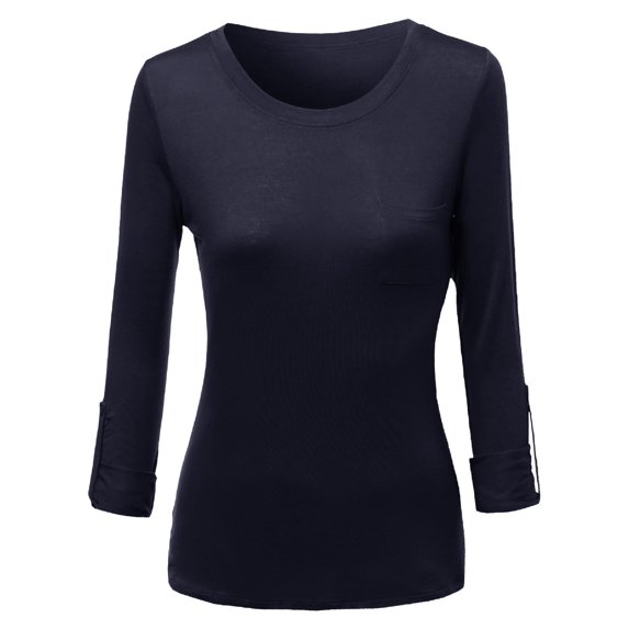 FashionOutfit Women's 3/4 Rolled Up Sleeve Round Neck Strechy Rayon Jersey Tee Shirt