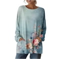 thumbnail image 4 of Mujeres Manga Larga Tops Casual Vintage Impresa Blusa, Cuello Redondo Suelto Encaje Superior con Bolsillos, 4 of 7