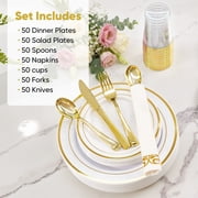 Daluvenix 350 Gold Plastic Dinnerware Set for 50 Guests, Gold Plastic Plates for Party, 50 Disposable Plates, 50 Dessert Plates, 50 Napkins with Silverware, 50 Cups