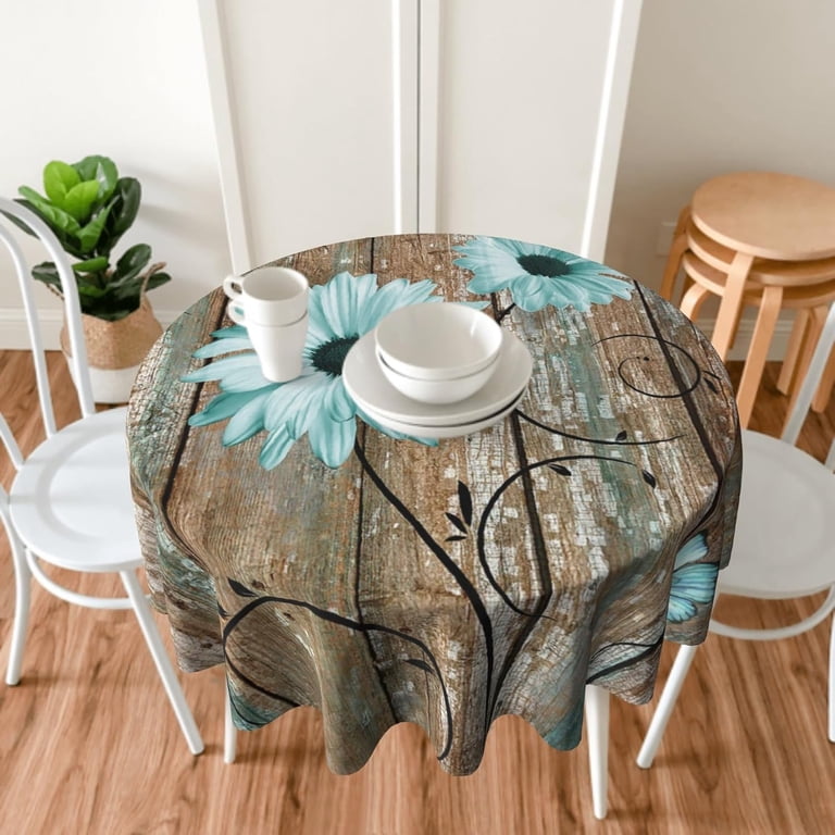 Rustic Daisy Round Tablecloth 60 Inch Vintage Teal Sunflowers Wooden Board  Circle Table Cover Shabby Chic Flower Barnwood Table Cloth Washable for - Main Image