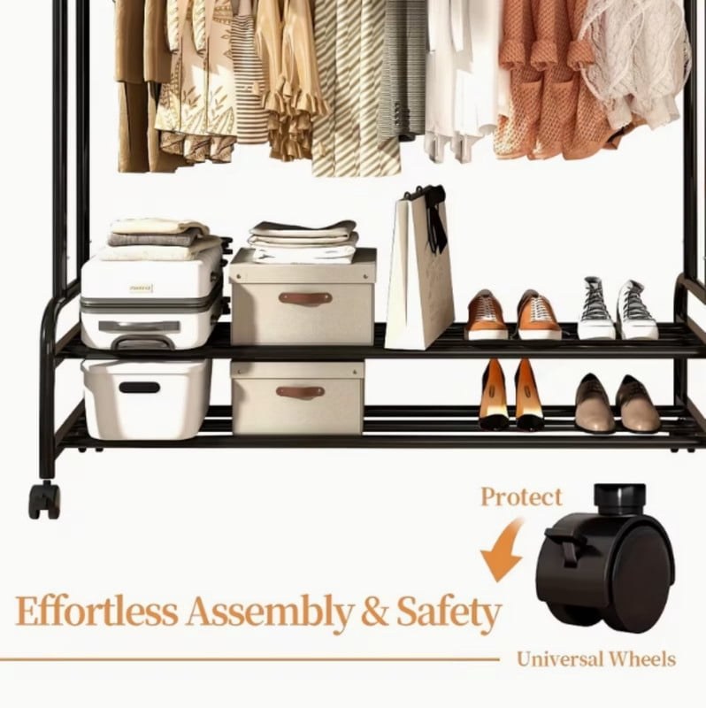 Clothes Rack for Hanging Clothes, Metal Clothes Garment, Portable Sturdy Clothes Rack, Extendable Rolling Garment Rack with Wheels for Laundry Room