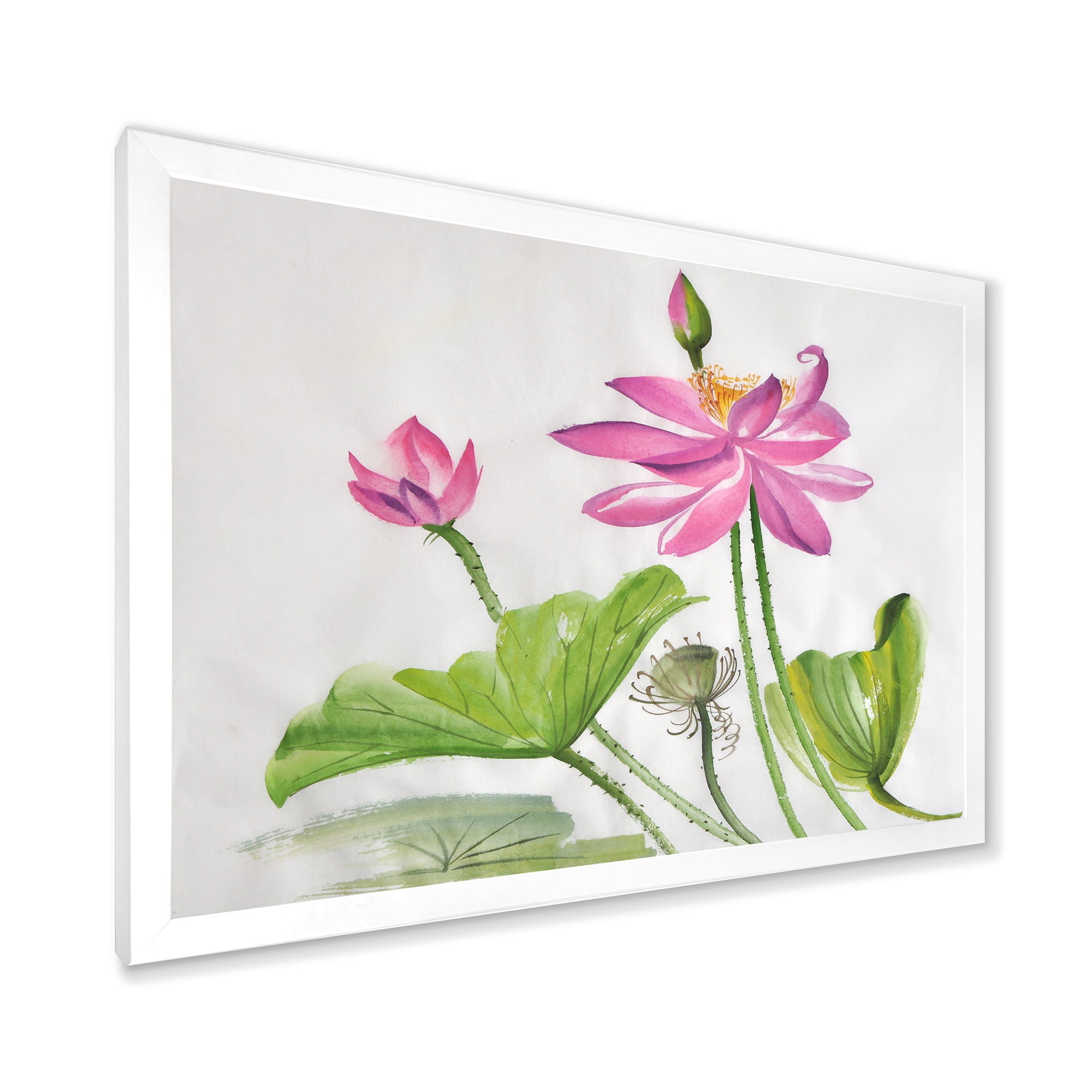 Designart 'Two Pink Lotus Flowers With Green Leaves' Traditional Framed Art Print