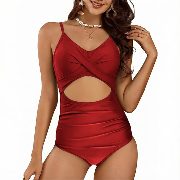 Women's One Piece Swimsuits High Waisted Plunge Bathing Suit Twist Front Tie Open Back Cutout Bodysuit Swimwear
