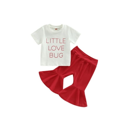 

Bagilaanoe 2Pcs Toddler Baby Girl Valentine s Day Outfits Letters Print Short Sleeve T Shirts Tops + Flare Trousers 6M 12M 18M 24M 3T Kids Long Pants Set