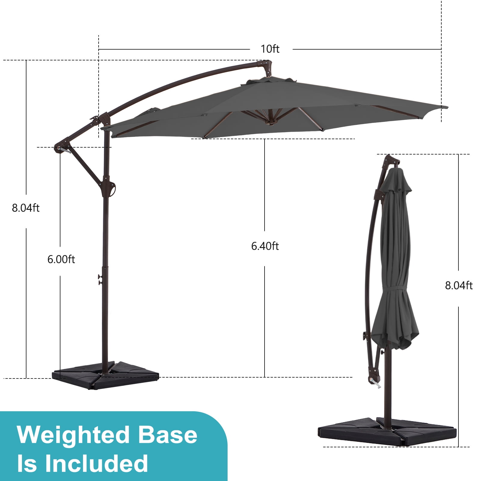 JUSTLET 10ft Heavy Duty Patio Hanging Offset Cantilever Patio Umbrella W/ Base Included, Gray