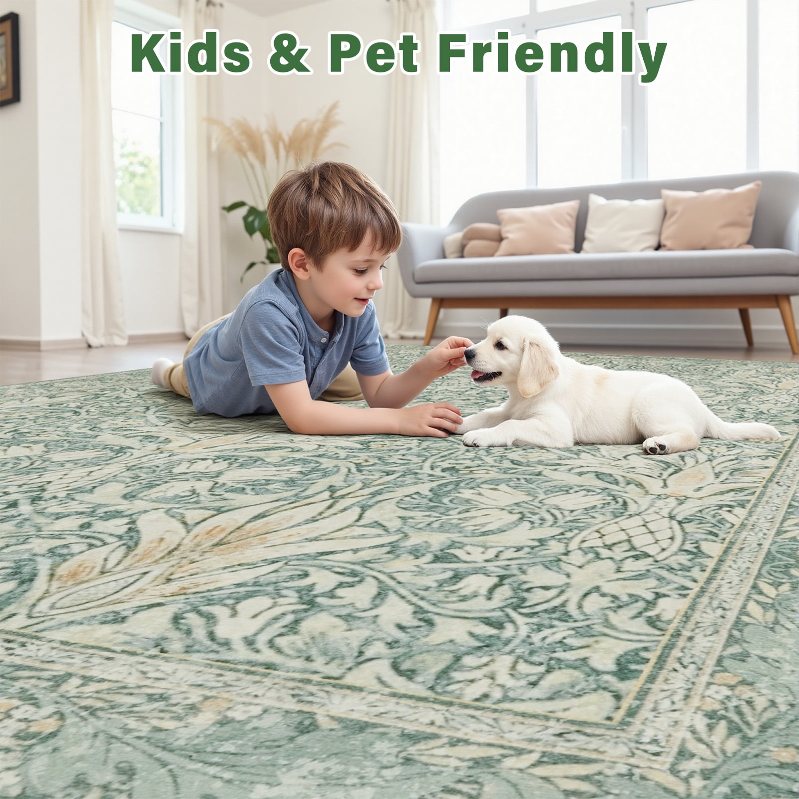 8x10 Area Rugs for Living Room, Washable Area Rugs with Non-Slip Backing, Boho Floral Vintage Carpets Low Pile for Dining Room, Bedroom, Home Office, Indoor, Nursery, Apartment.