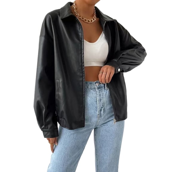 Leather Jacket Top Motorcycle Leather Jacket for Women Solid Lapel Collar Jacket Womens M