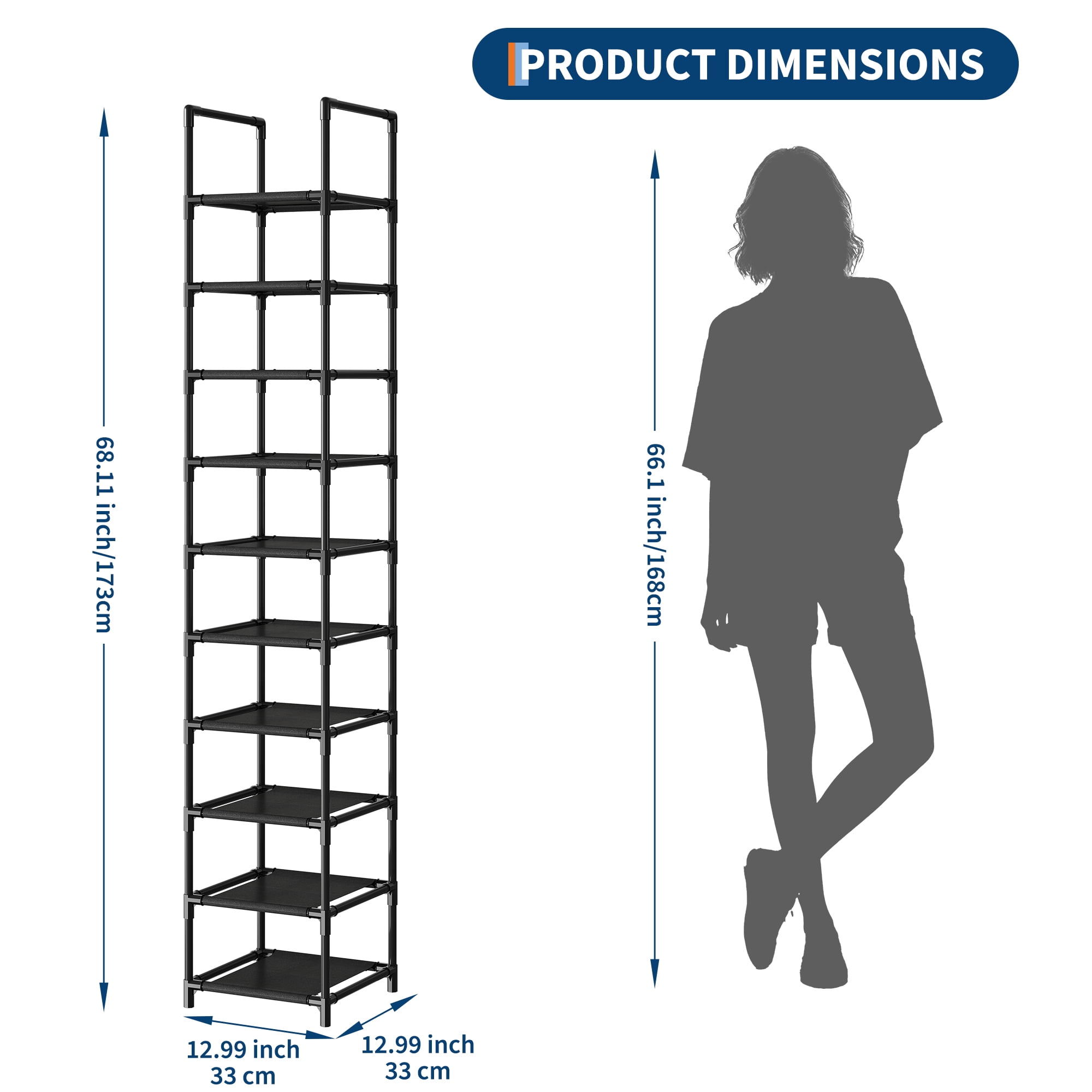 PYY 10-Tier Metal Shoe Rack Organizer – Space-Saving Tall Vertical Storage Stand – Removable Fabric Shelves – Sturdy Narrow Design for Entryway, Closet, Living Room and Home Office – 330*330*1730mm