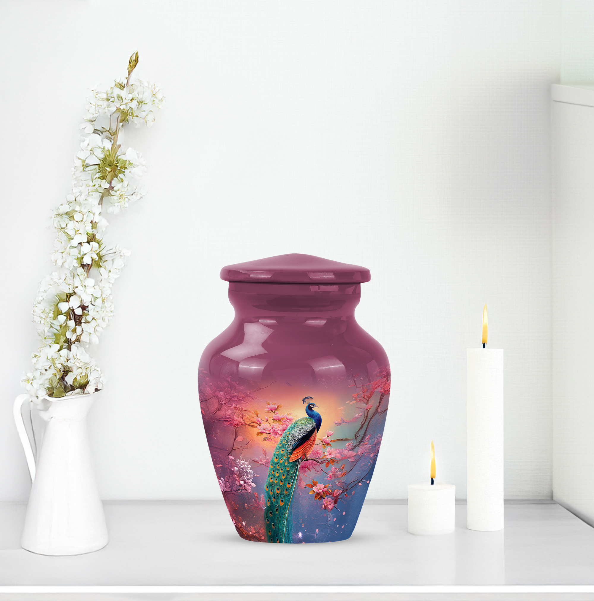 MUKTIVE Peacock Cremation Urn for Human Ashes Adult Mom & Dad, Funeral Keepsake Decorative Pink Flowers Urns for Ashes Male & Female Burial, Pink for Memorial Cremated Urns (3 Inch)
