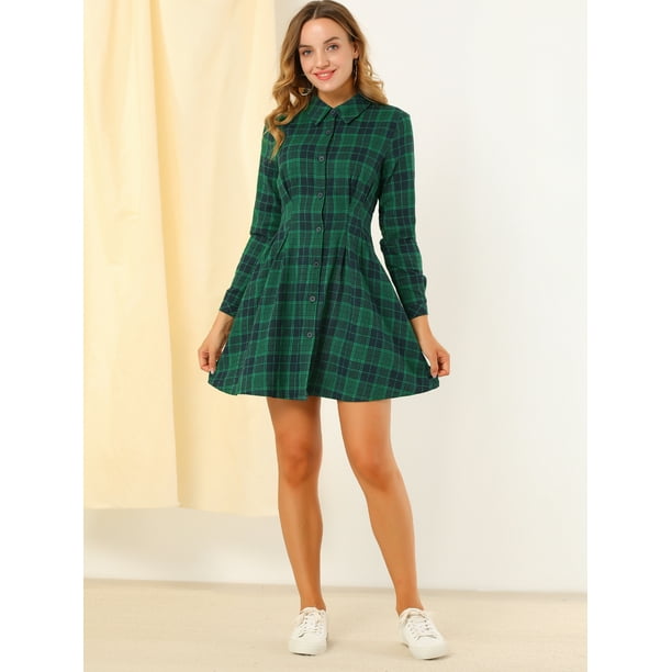Unique Bargains Women's Plaid Cinched Waist Button Up A-Line Unique Bargains Women's Plaid Cinched Waist Button Up A-Line