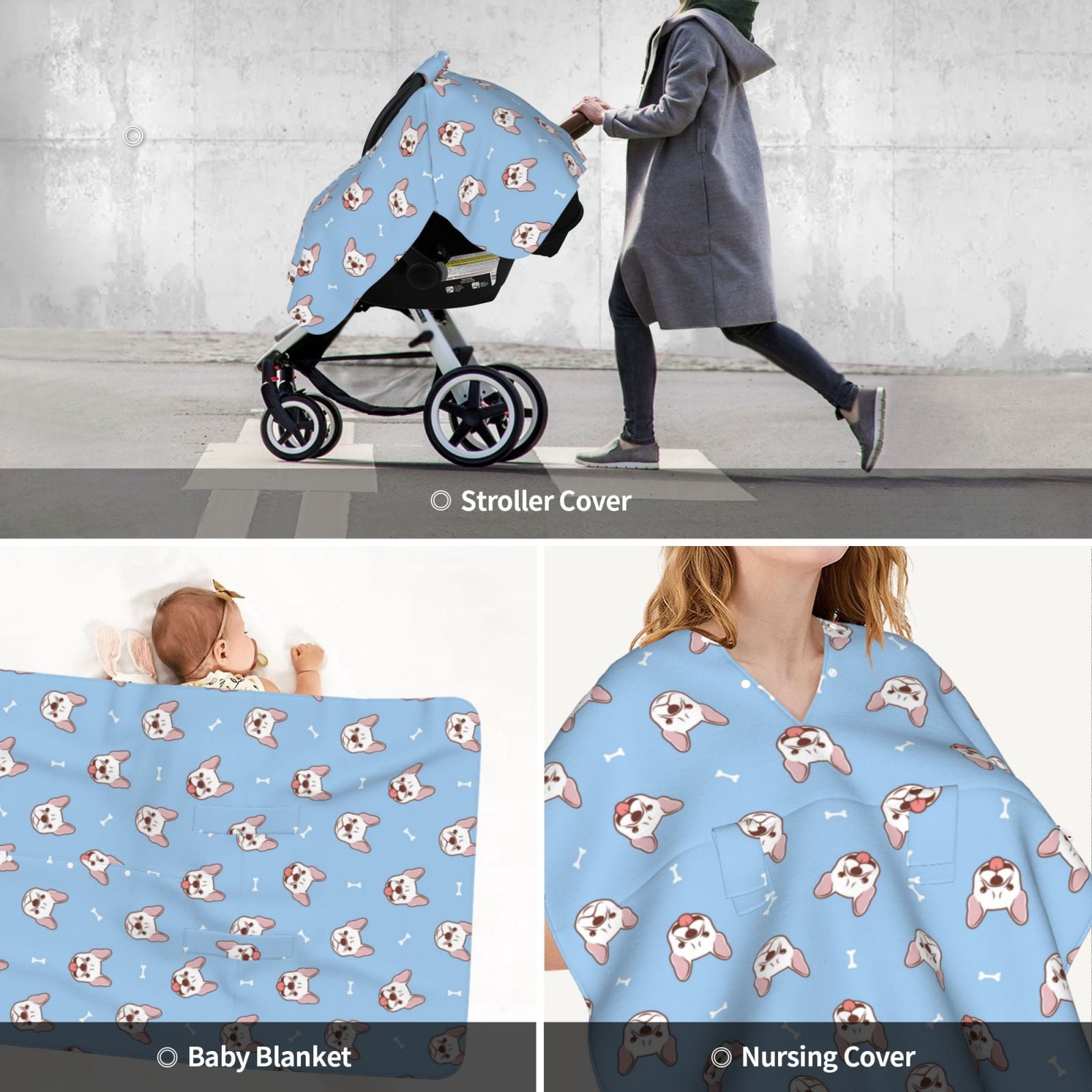 Car Seat Cover Baby - French Bulldog Head Breathable Infant Car Seat Cover for Baby Carseat, Lightweight Comfort Baby Essentials Must Haves Newborn Stuff for Girl Boy