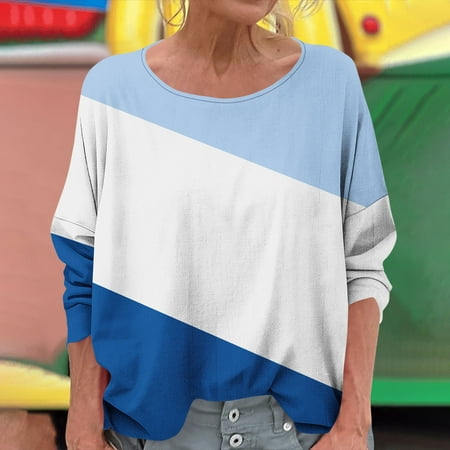 Women s Color Block Tops Casual Long Sleeve Tunic Round Neck Pullover Shirts Light Blue 2XL