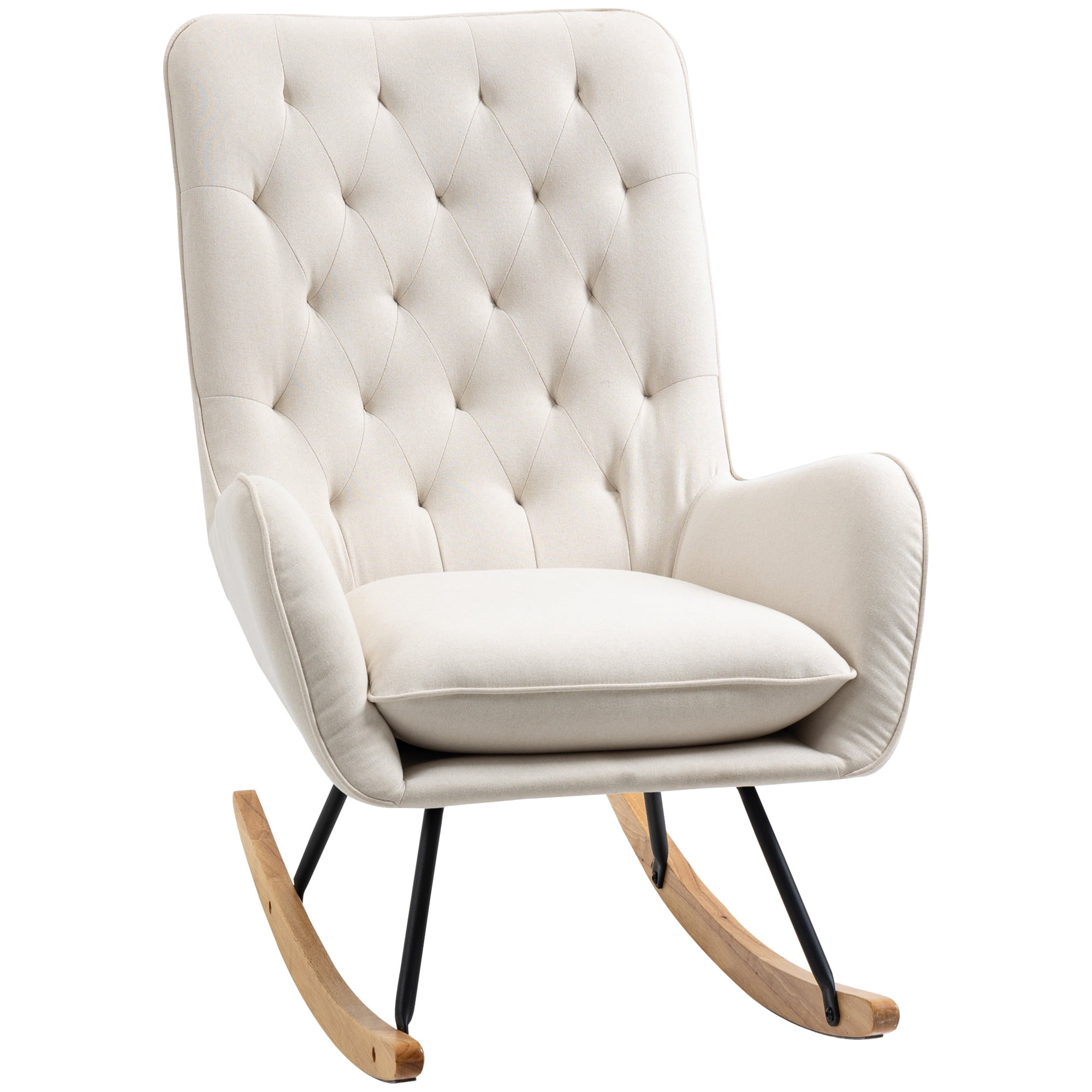 HOMCOM Mid-Century Fabric Rocking Chair Sofa Armchair Tufted Rocker Wingback Accent Chair with Padded Seat, Rubber Wood Base for Home Studio, Bedroom, Living Room, Cream White