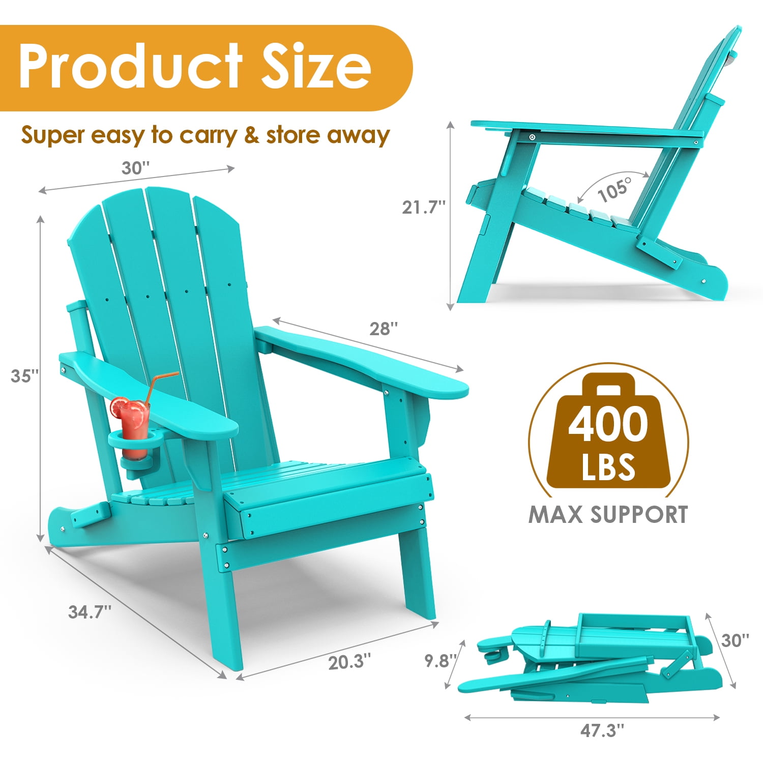 Pipopa Outdoor Folding HDPE Adirondack Chair Set of 2 with Cup Holder,All-Weather Patio Chair for Garden,Backyard,Pool,Aqua