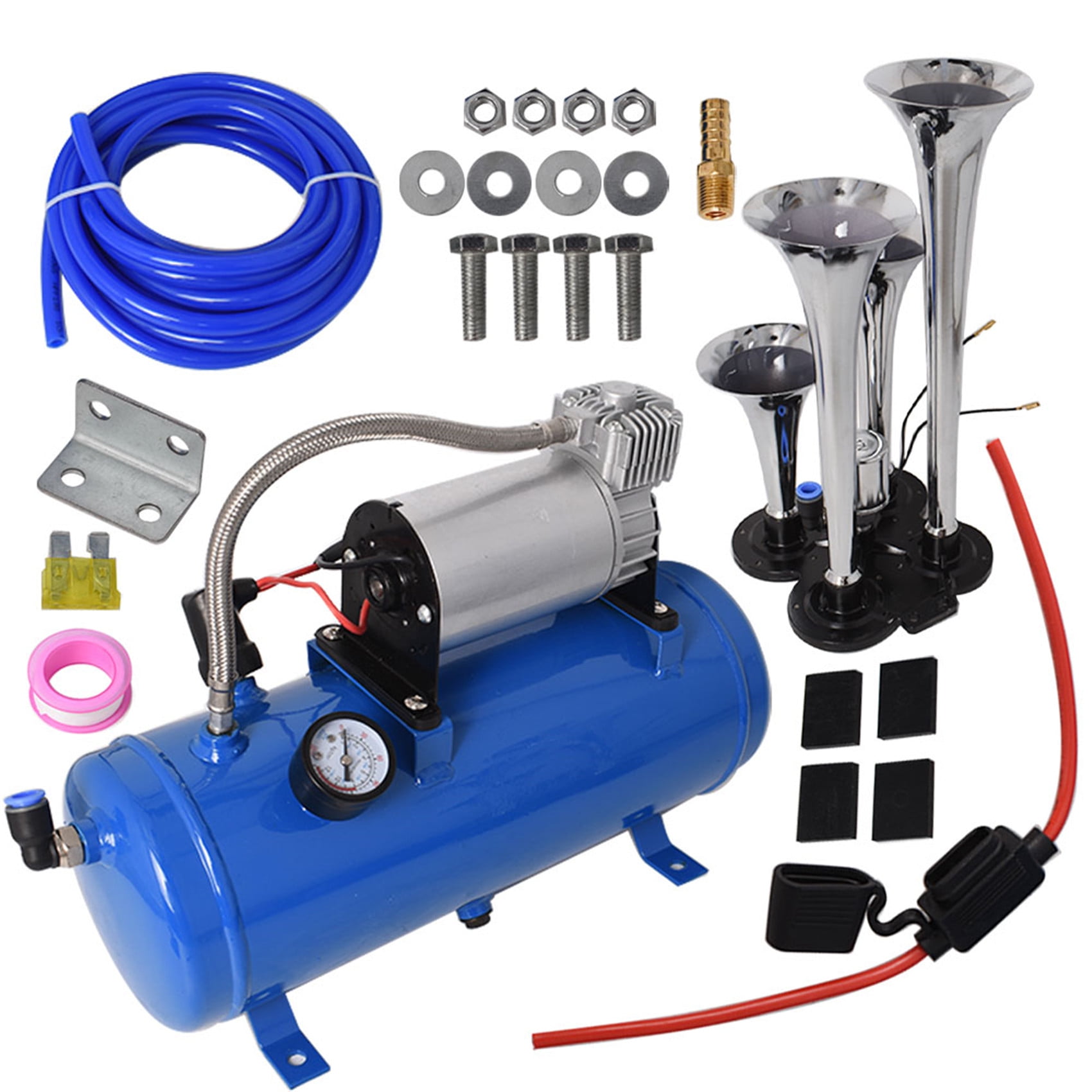 150DB Train Air Horn 4 Trumpet 12V Compressor Kit Tank Gauge Replacement for Car Train Truck