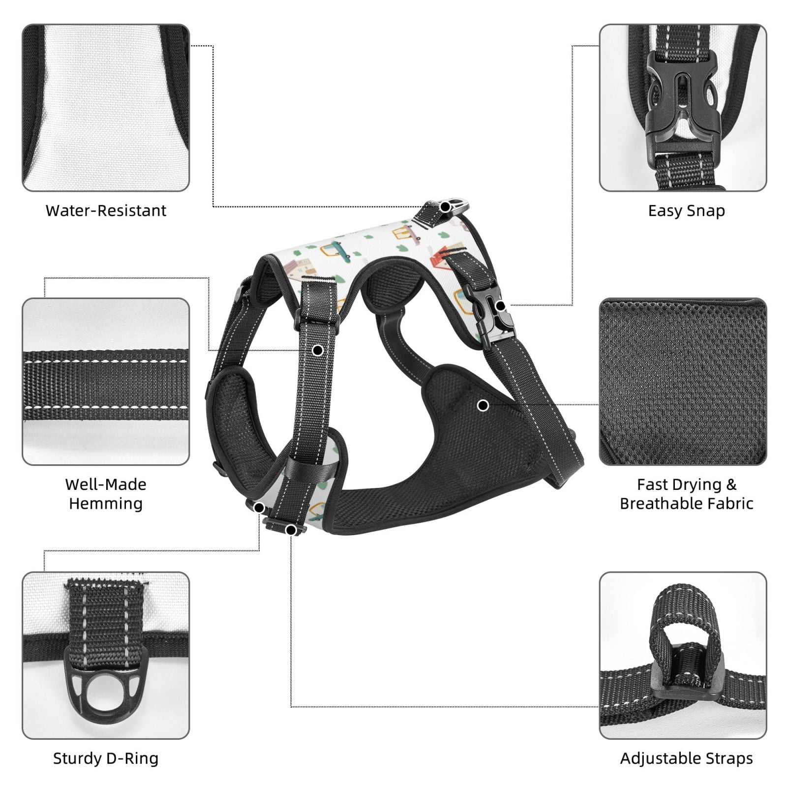 Vsdgher Cartoon House Pattern Dog Harness,No Pull Pet Harness with Soft Padded Handle,Adjustable Reflective Vest with 2 Buckles,4 Slide Buckles,S-XL Small