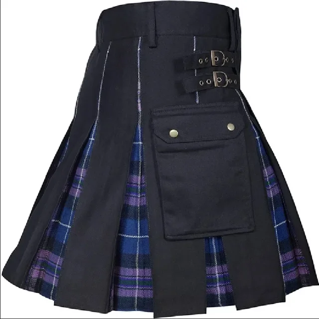 Men's Cotton Utility Kilt With Box Pleats Tartan Design Adjustable Waist Deep Pockets