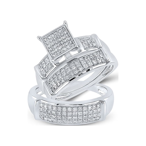 Sterling Silver His Hers Round Diamond Square Matching Wedding Set 1/2 Cttw