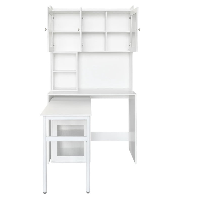 Computer Desk with Hutch and Glass Doors, Office Desk with 90 Degree Rotating Desktop, Writing Table Large Workstation with Bookshelf and 1 Drawer