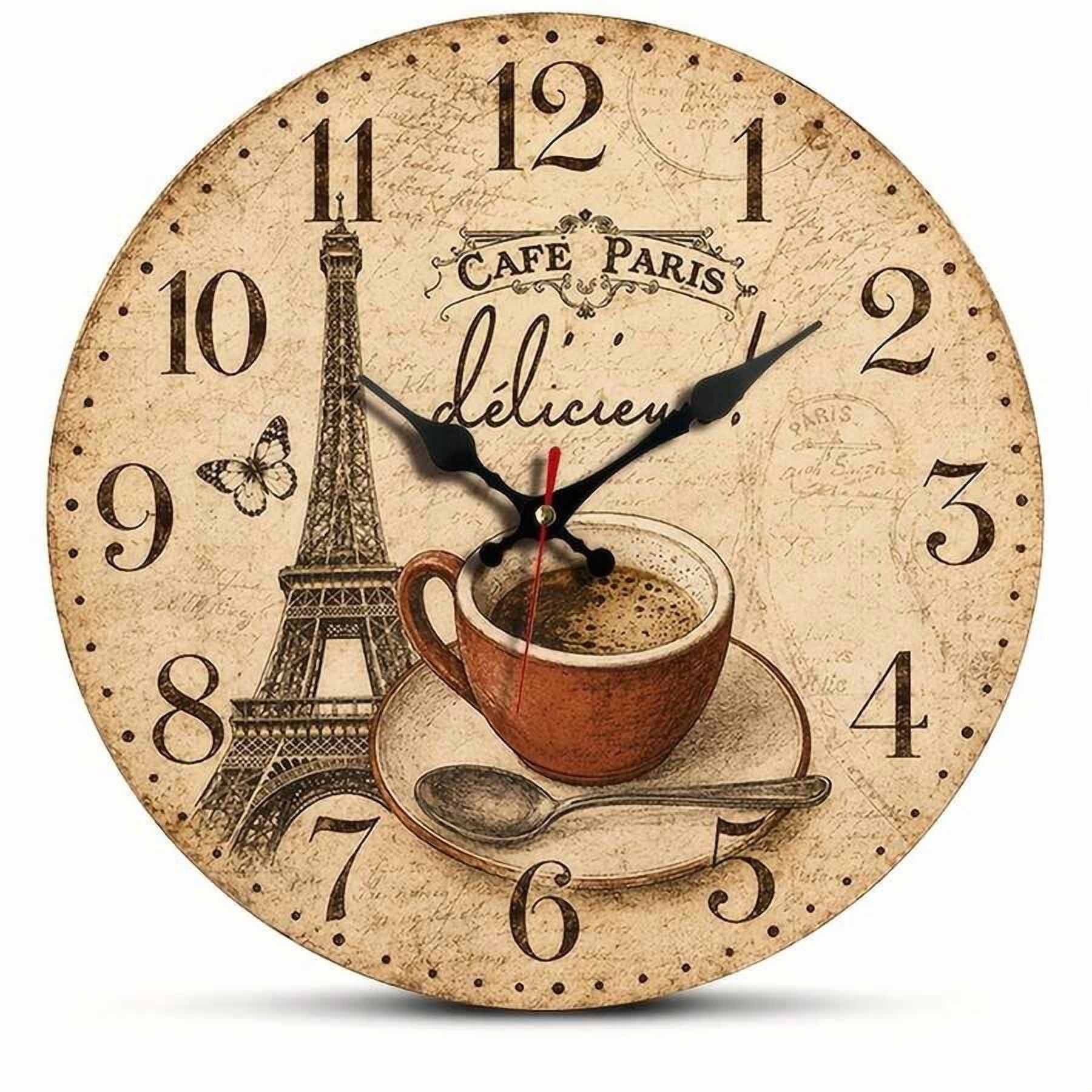 Vintage Paris Cafe Eiffel Tower Round Wall Clock, Silent Non‑Ticking French Retro Decor Wall Clock, Coffee Cup Butterfly Art Clock for Kitchen Dining Room