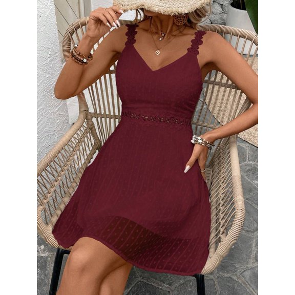 Burgundy Womens Lace-Trimmed Sleeveless V-Neck Casual Vacation Dress With Eyelet Detail