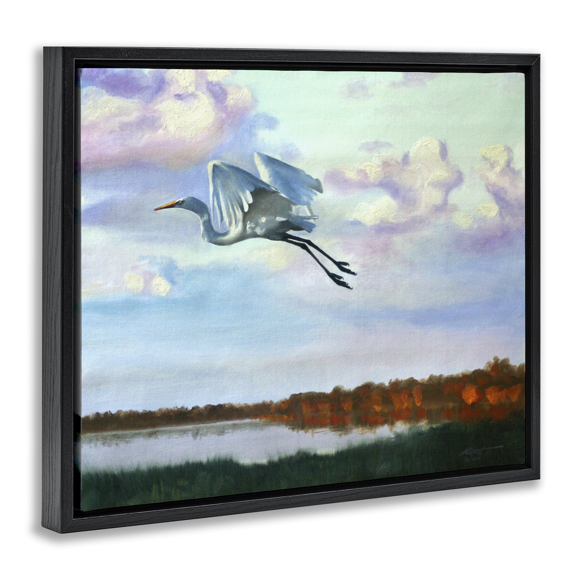 Stupell Industries Egret Over Lake Shore Landscape Painting Black Floater Framed Canvas Art Print Wall Art, 31 x 25