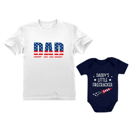 

USA Dad Daddy s Little Firecracker Outfit 4th of July Patriotic Matching Set Dad White X-Large / Baby Navy 18M (12-18M)